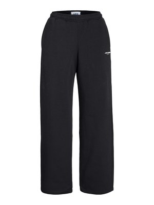 Pantaloni sport negri, cu croială dreaptă și talie elastică, cu un mic logo alb pe coapsa superioară, proiectați pentru uz casual.