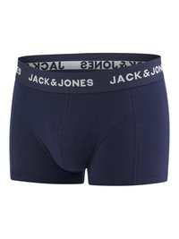 Marineblaue Boxer-Shorts mit elastischem Bund, bedruckt mit dem Text "JACK & JONES" in Weiß, aus weichem Baumwollmaterial, entworfen für Komfort.