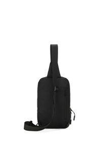 Borsa a tracolla nera in cotone con una texture liscia, forma rettangolare, tracolla regolabile e dettaglio con tasca laterale con zip.