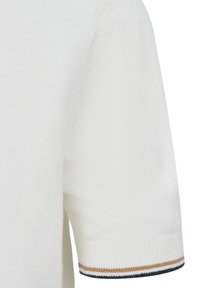 Short-sleeve white knit polo featuring a ribbed collar with navy and gold stripes, showcasing a smooth texture and clean design.