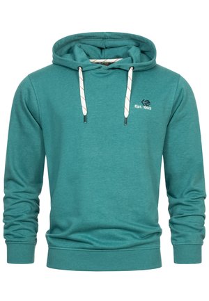 Felpa teal realizzata in tessuto morbido, con cappuccio regolabile tramite cordoncino, polsini e orlo a coste, e strisce di accento bianche e rosse. Include dettaglio del logo.