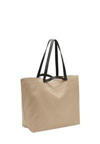 Beige Stofftasche mit zwei schwarzen Ledergriffen, rechteckiger Form und leicht strukturierter Oberfläche. Keine sichtbaren Muster oder Akzente.
