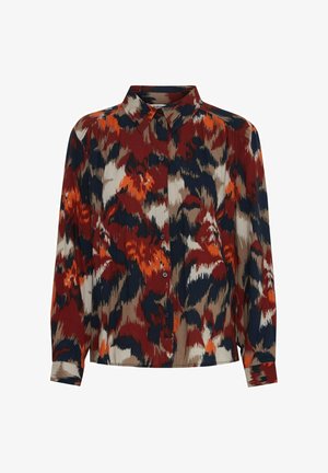 Camisa de manga larga abotonada con un patrón abstracto multicolor de óxido, azul marino, crema y naranja. Presenta un cuello y puños clásicos.