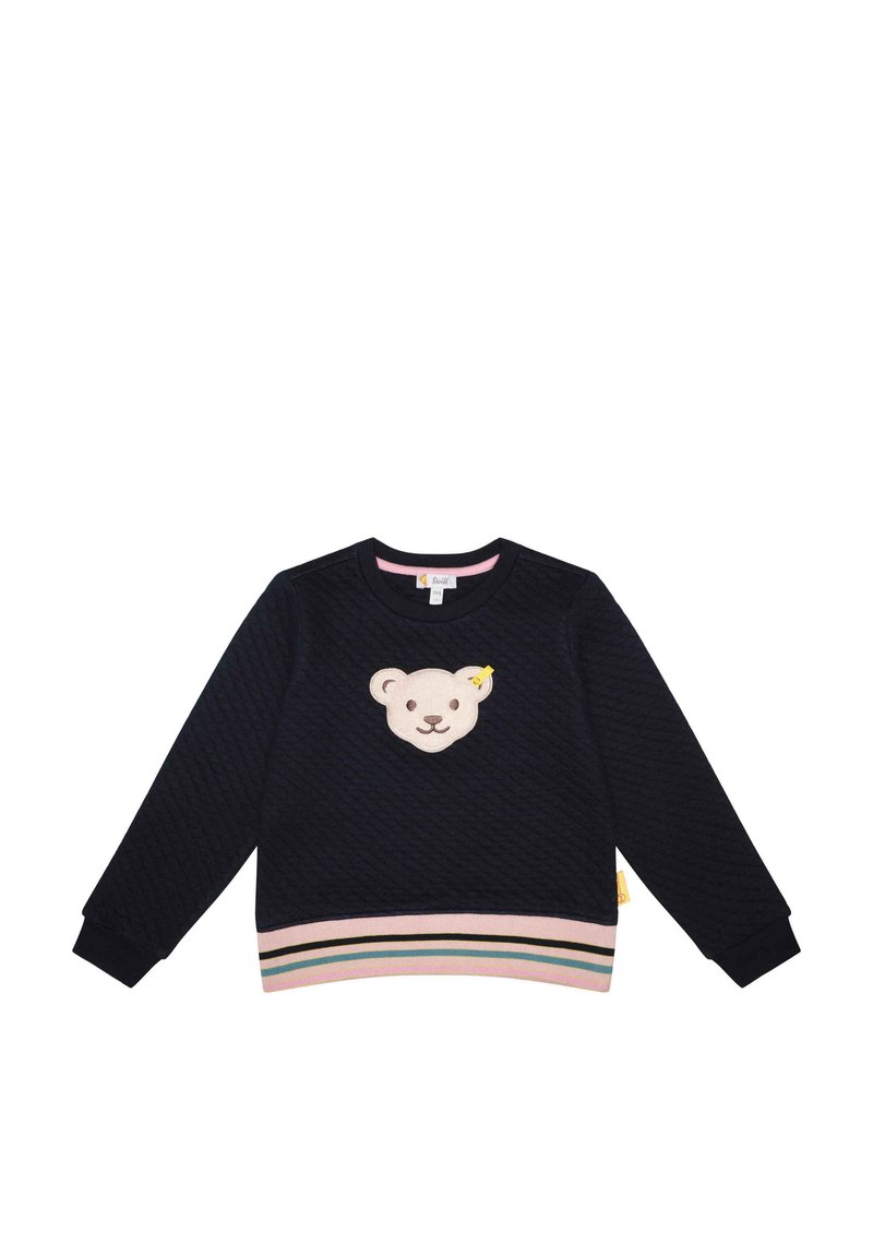 Marineblauer, gesteppter Sweatshirt mit einem Bären-Applikation auf der Brust, Rundhalsausschnitt und gerippten Bündchen. Verfügt über einen pinken und gestreiften Saumakzent.