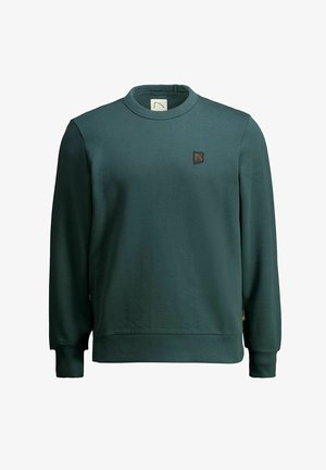 Dunkelgrüner Sweatshirt mit langen Ärmeln, Rundhalsausschnitt und gerippten Bündchen. Verfügt über ein kleines braunes Logo-Patch auf der Brust. Hergestellt aus weichem Material.