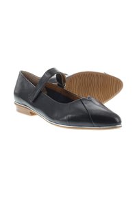 Ballerine in pelle nera con punta appuntita e dettagli a fiocco, dotate di una fascia decorativa sulla parte superiore del piede e tacco basso con suola testurizzata.