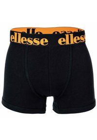 Schwarze Boxershorts mit breitem orangefarbenem Bündchen, das großen "ellesse" Markentext in Orange zeigt.