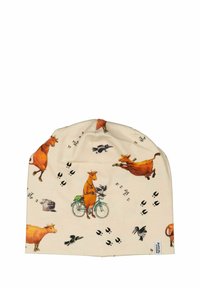 Kermainen pipo, jossa on leikkisiä kuvastoja peloista, linnuista ja jalanjäljistä; valmistettu pehmeästä ja joustavasta kankaasta mukavuutta varten.