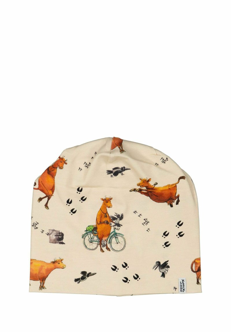 Kermainen pipo, jossa on leikkisiä kuvastoja peloista, linnuista ja jalanjäljistä; valmistettu pehmeästä ja joustavasta kankaasta mukavuutta varten.