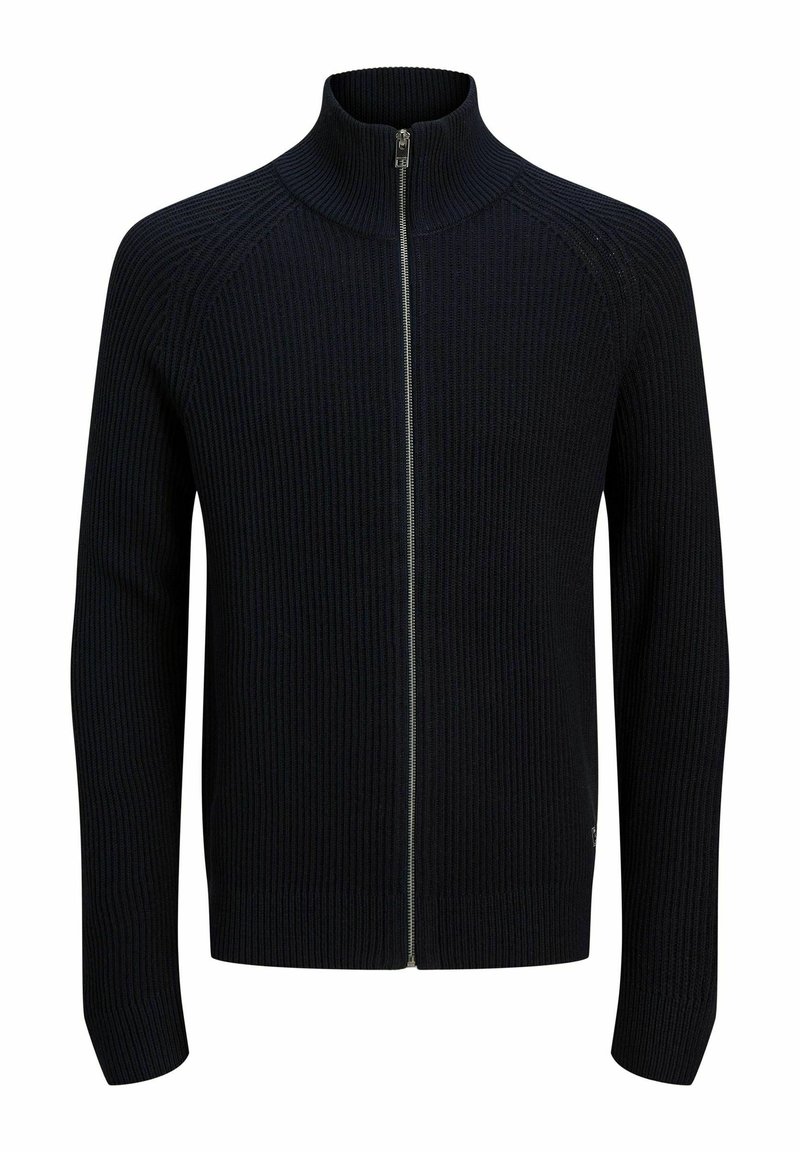 Cardigan noir à côtes, zippé sur toute la longueur, avec un col montant et des manches longues, présenté sur un fond blanc.