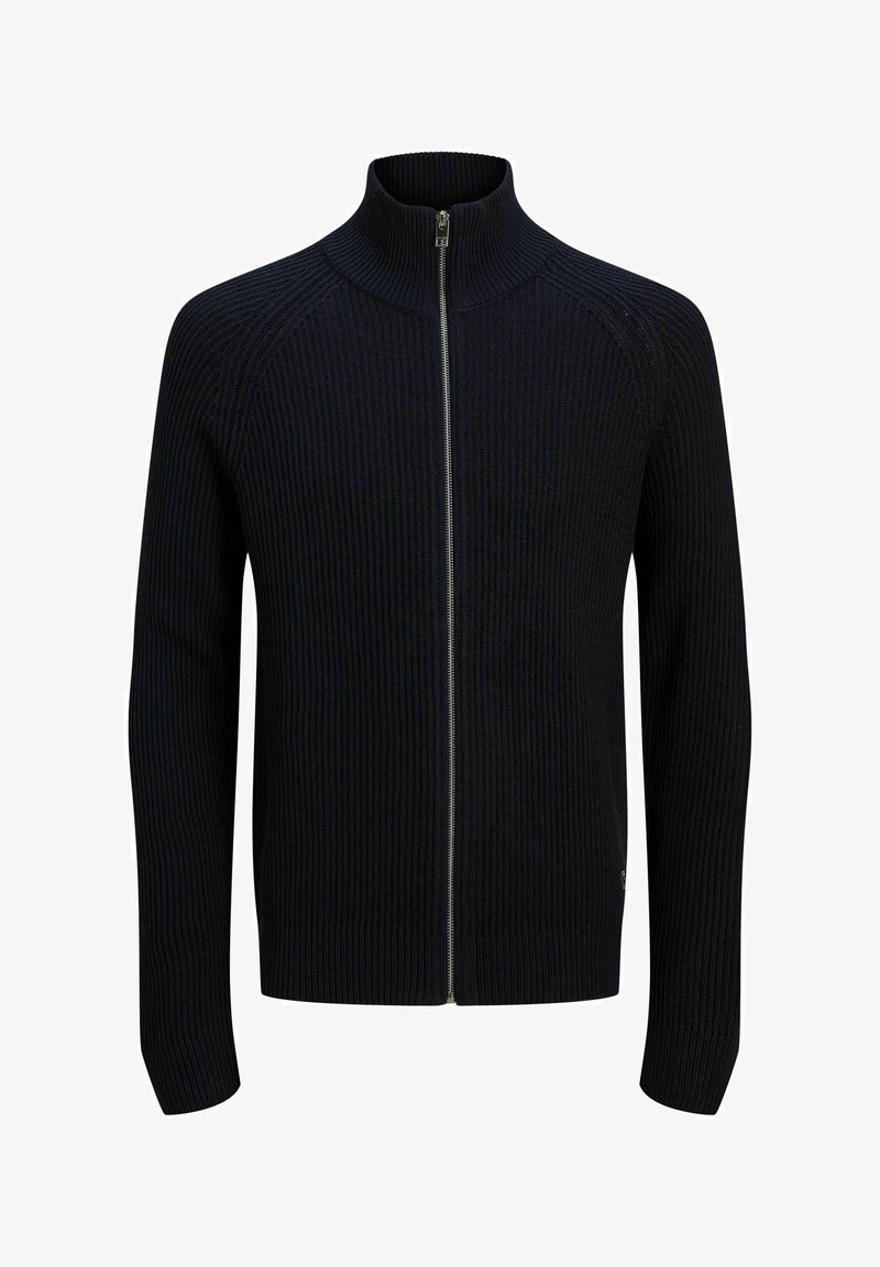 Cardigan noir à côtes, zippé sur toute la longueur, avec un col montant et des manches longues, présenté sur un fond blanc.