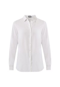 Vit långärmad skjorta med klassisk krage och knappstängning, med en slät tygstruktur och en skräddarsydd passform genom hela plagget.
