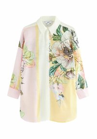 Camicia conbottoni in tessuto leggero, con un motivo floreale nei colori rosa, giallo e verde, dotata di colletto e maniche lunghe.