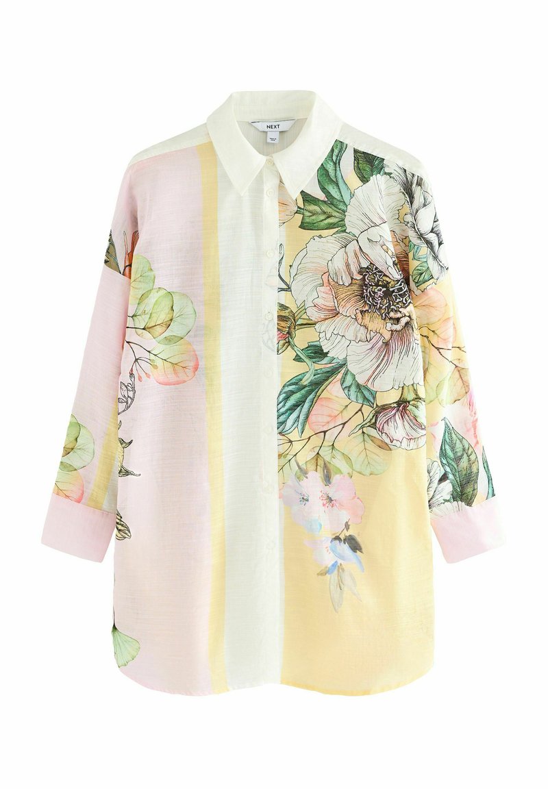 Camicia conbottoni in tessuto leggero, con un motivo floreale nei colori rosa, giallo e verde, dotata di colletto e maniche lunghe.