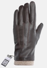 Brun læderhandske med syede detaljer, tre sømme på fingrene og en strikket beige manchet. Touchscreen-kompatibel tag synlig.