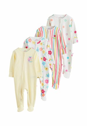 Neli pika varrukaga beebivormi jalalabadega, millel on kollane, lilleline, vikerkaare triibuline ja mitmevärviline täpiline muster, kõik ees tõmblukuga.