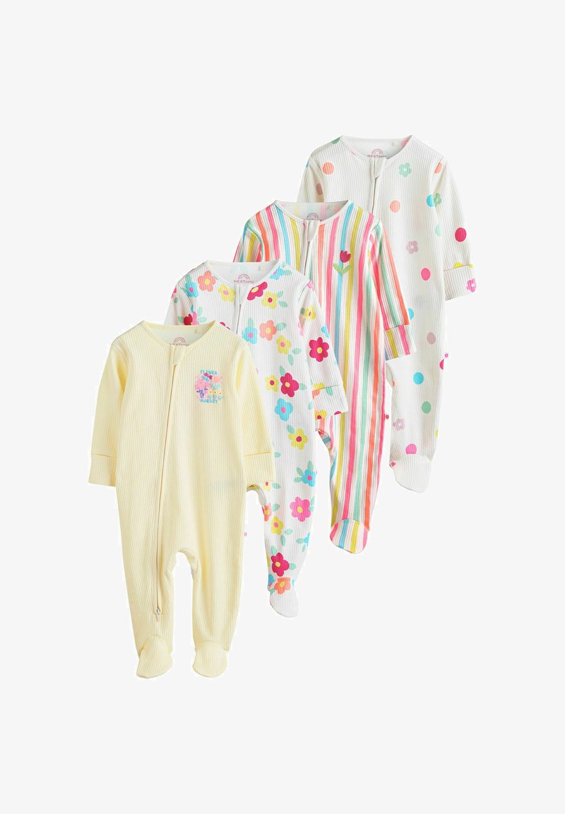 Quatre grenouillères pour bébé à manches longues avec pieds, présentant des motifs jaunes, floraux, rayures arc-en-ciel et pois multicolores, toutes équipées de fermetures éclair à l'avant.