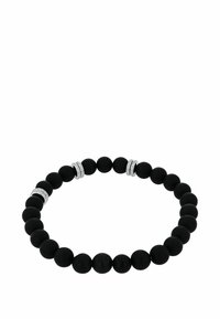 Bracciale nero opaco con perline, caratterizzato da anelli di accento in tono argento, forma circolare e design elastico per un facile indossamento.