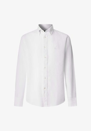 Chemise blanche à manches longues avec des boutons et un col boutonné, logo brodé subtil sur la poitrine gauche.