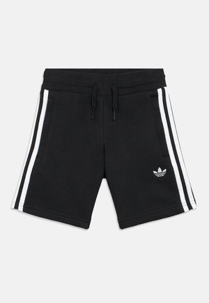 Schwarze Sportshorts mit weißen Seitenstreifen, elastischem Bund, Kordelzug und kleinem gesticktem Logo auf der unteren linken Seite.