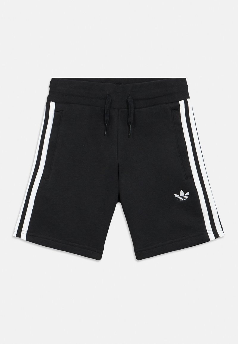 Juodos sportinės šortai su baltais šonais linijomis, elastingu liemeniu, raišteliais ir mažu siuvinėtu logotipu apatinėje kairėje pusėje.