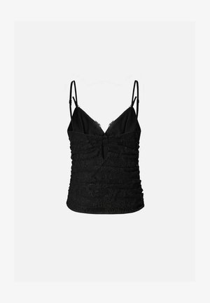 Top senza maniche in pizzo nero con spalline sottili regolabili e corpino arricciato e aderente.