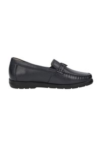 Schwarze Lederloafers mit rundem Zehenbereich, gestickten Details und flacher Gummisohle. Verfügt über einen Riemen über dem Spann für ein zusätzliches Design.