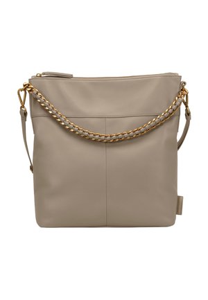 Beige Lederhandtasche mit glatter Textur, rechteckiger Form und goldener Kettenriemen. Sie verfügt über einen Reißverschluss und dekorative Nähte.
