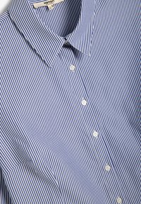 Gestreepte shirt met smalle blauwe en witte verticale lijnen, een spitse kraag en witte knopen van een zachte stof.