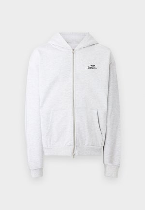Light gray zip-up hoodie with front pockets and a small black "bareen" logo on the chest, featuring ribbed cuffs and hem.