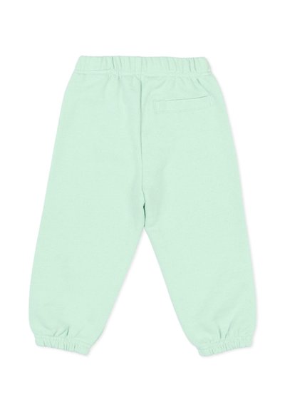 Pantalon de survêtement vert clair pour enfants avec ceinture élastique, une poche arrière unique et des poignets élastiques aux jambes.