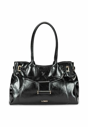 Borsa a mano in pelle nera lucida con due manici lunghi, dettaglio pattina frontale, accessori in oro e logo "L.CREDI" in lettere dorate.