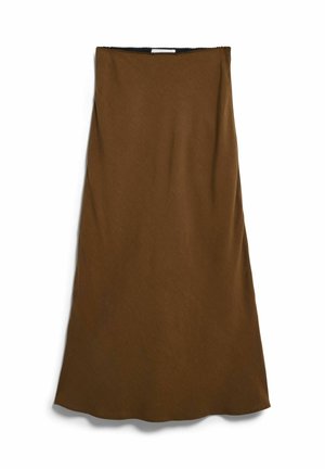 Brauner knielanger A-Linien-Rock mit glatter Textur, fotografiert vor weißem Hintergrund, ohne sichtbare Muster oder Verzierungen.