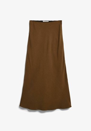 Brauner knielanger A-Linien-Rock mit glatter Textur, fotografiert vor weißem Hintergrund, ohne sichtbare Muster oder Verzierungen.