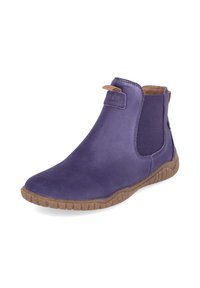 Bottine violette unique à la cheville avec panneaux latéraux élastiques marron, une languette de traction et une semelle en caoutchouc texturée marron conçue pour un usage décontracté.