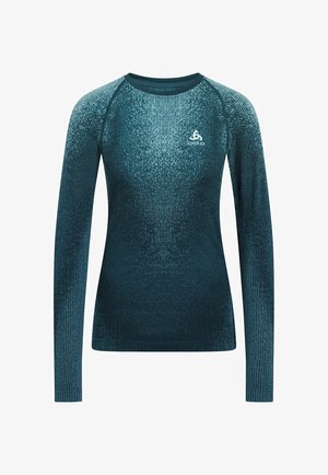 Langärmliges sportliches T-Shirt in Teal mit einem strukturierten Gradientenmuster, ausgestattet mit einem Rundhalsausschnitt und einem kleinen Logo auf der oberen linken Seite.