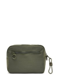 Olive green pouch made of soft fabric, featuring a front zipper pocket and side loop for attachment. Smooth texture with subtle stitching.