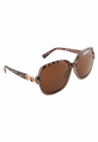 Braune Schildpatt-Sonnenbrille mit quadratischen Gläsern und bronzefarbenen Akzenten an den Bügeln, mit einem eleganten Design und strukturierten Oberflächen.