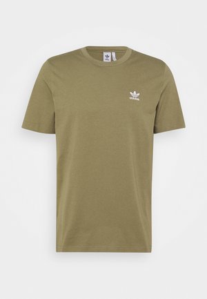 Olivgrünes Adidas Kurzarm-T-Shirt mit Rundhalsausschnitt und kleinem weißem Adidas Trefoil-Logo auf der linken Brust.