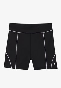 Černé plavky s bílým zdobícím prošitím, s přiléhavým střihem a hladkým materiálem. Bez výrazných log nebo vzorů.