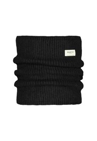 Scaldacollo in maglia nera con una texture a coste. Presenta un piccolo etichetta rettangolare con il marchio "BARTS" sul lato.