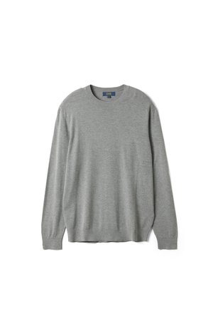 Hellgrauer Langarmpullover mit Rundhalsausschnitt aus feinem Strickstoff, flach auf weißem Hintergrund präsentiert.