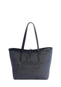 Bolso tote de ante gris oscuro con asas largas de cuero y un bolsillo frontal con cremallera y una lengüeta de cuero.