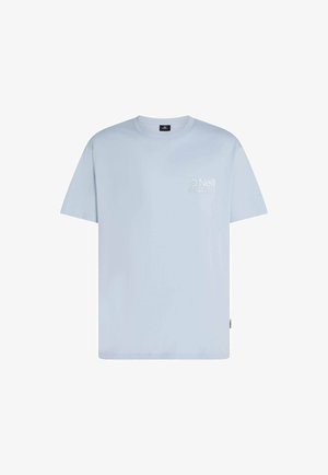 Light blue short-sleeve t-shirt made of cotton. Features a crew neckline and a white logo on the left chest area. Simple design.