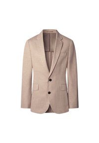 Beige maßgeschneiderter Blazer mit Reverskragen, zwei vorderen Taschen und zwei Knöpfen. Weiche Textur mit dezentem Stichdetail.