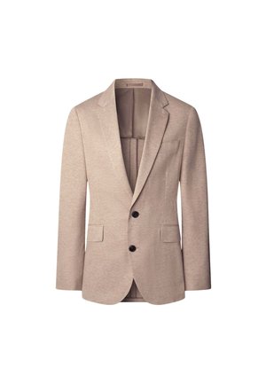 Beige op maat gemaakt blazer met een notch lapel, twee voorkantzakken en twee knopen. Zachte textuur met subtiele stikdetails.
