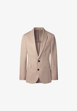 Beżowa marynarka dopasowana z klapami, dwoma przednimi kieszeniami i dwoma guzikami. Miękka faktura z subtelnym detalem przeszycia.