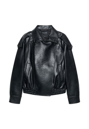 Black faux leather biker jacket with wide collar, snap button details on shoulders, and elasticated waistband, size small by Calliope.