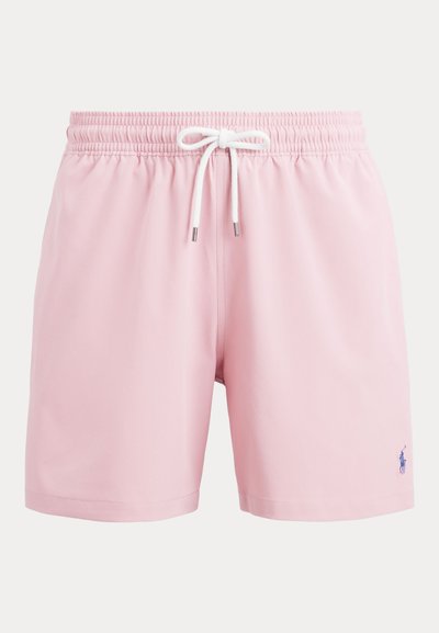 Svetlo roza kopalne hlače z elastičnim pasom, belo vezalko in majhnim modrim vezenim logotipom na spodnjem robu leve hlačnice.