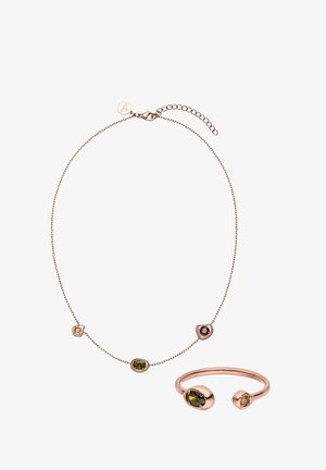 Rose gold necklace with three small stones in different colors and an open rose gold ring with two stones matching the necklace.